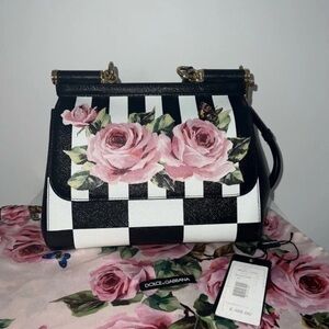 Dolce & Gabbana Black and White Striped Bag with Pink Roses